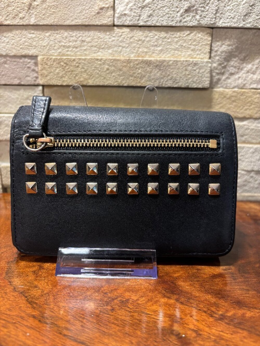 agnes b. VOYAGE Black Leather Studded Continental Multi-Fold Wallet Rockstud